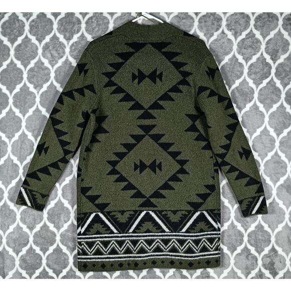 Frye Cardigan Women Size Medium Green Aztec Southwestern Knit Open Front Long - Picture 3 of 7